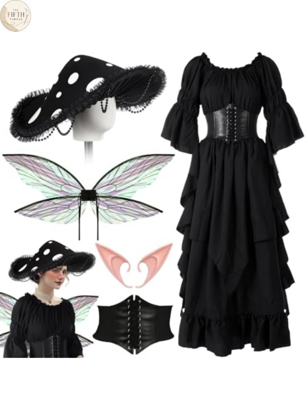 Renaissance Fairy Costume Set Medievall Dress Corset Mushroom Hat Wings